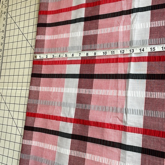 Fabric remnant: red, white, black large abstract plaid, seersucker stripes - Picture 6 of 10